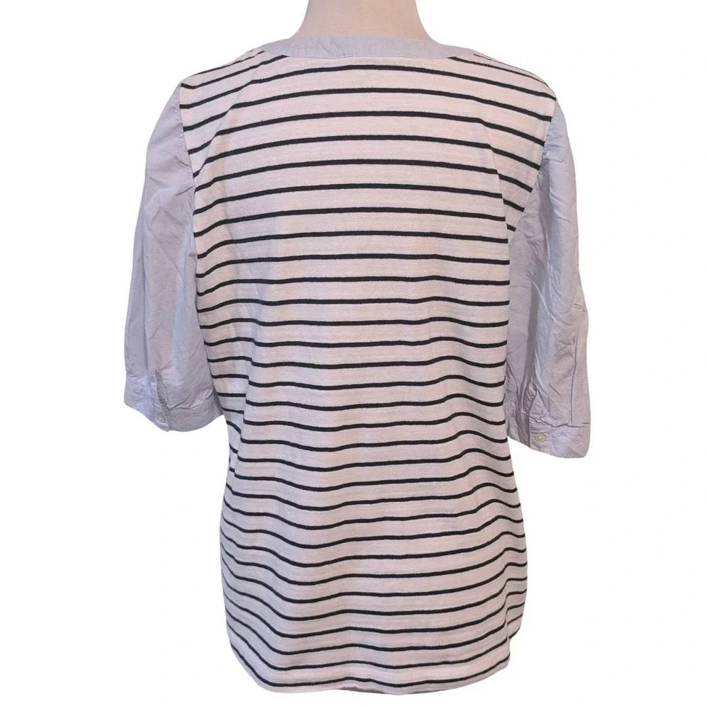 LOFT Striped Henley Top XL White Navy Mixed Media Puff Sleeve Nautical Preppy